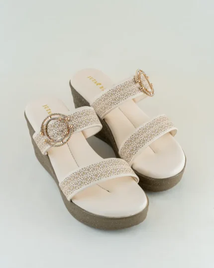 Off-White Wedge Sandals with Gold Ring Detail