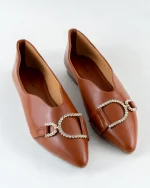 Brown Pointed Flats with Crystal Buckle